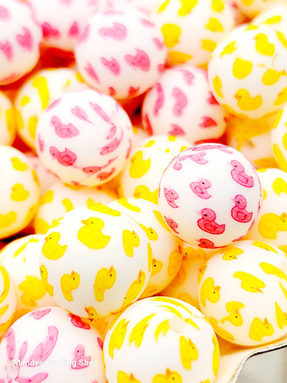 15mm Printed Duck Print Silicone Beads – Yellow Pink Round Duck-Themed Beads for Pens & Wristlets