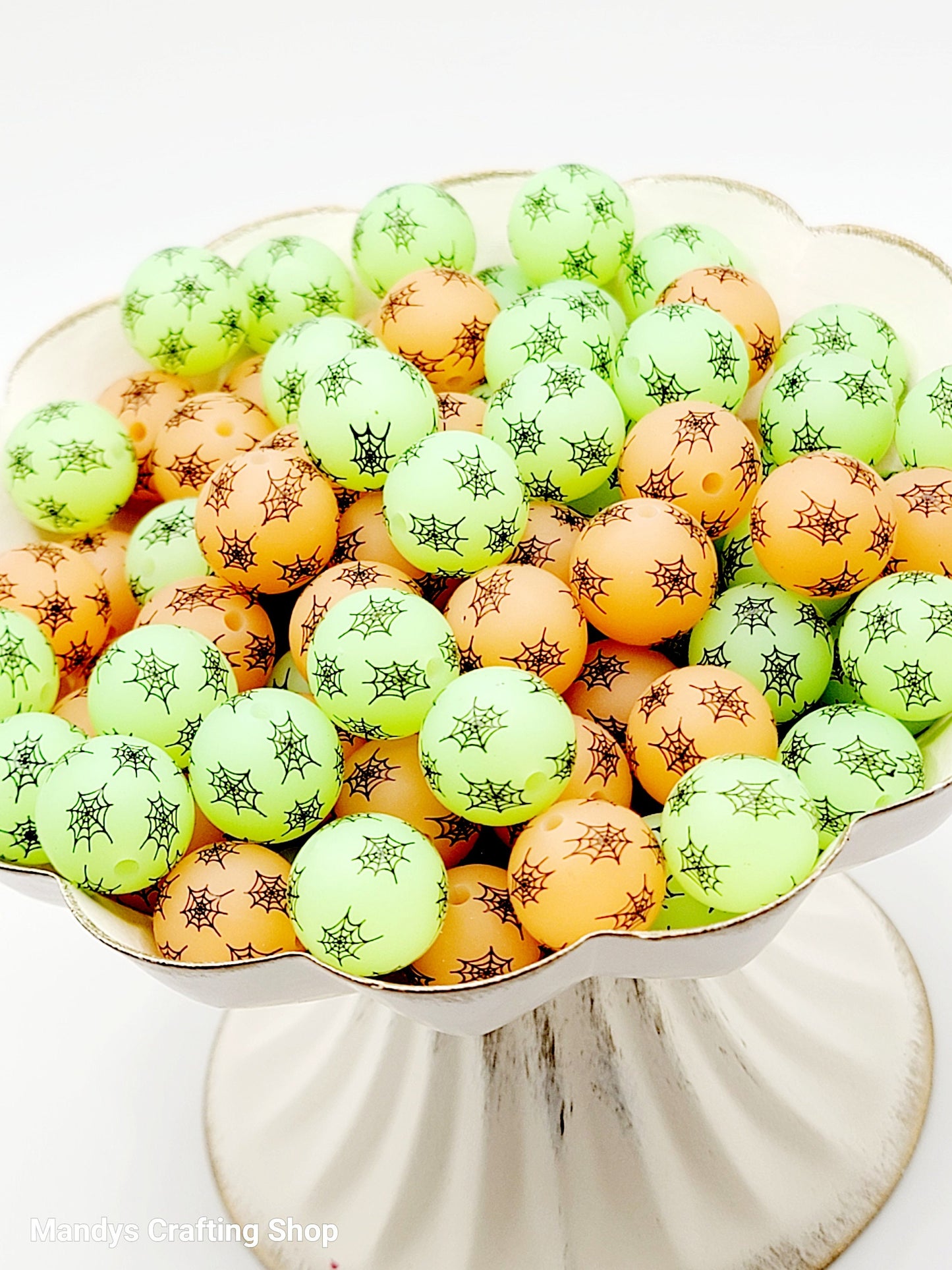 15mm Printed Halloween Spider Web Silicone Beads – Glow in the Dark Halloween Round Beads for Pens & Wristlets