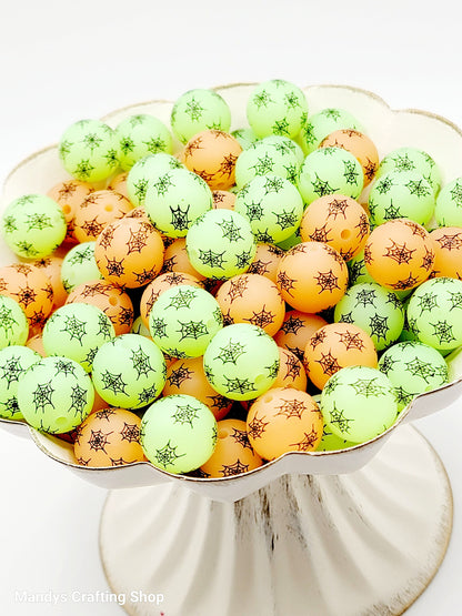 15mm Printed Halloween Spider Web Silicone Beads – Glow in the Dark Halloween Round Beads for Pens & Wristlets