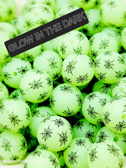 15mm Printed Halloween Spider Web Silicone Beads – Glow in the Dark Halloween Round Beads for Pens & Wristlets