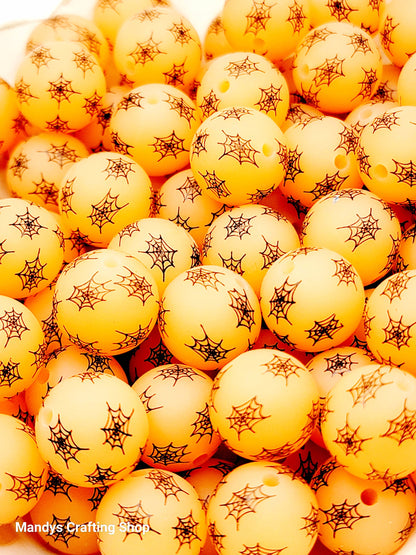 15mm Printed Halloween Spider Web Silicone Beads – Glow in the Dark Halloween Round Beads for Pens & Wristlets