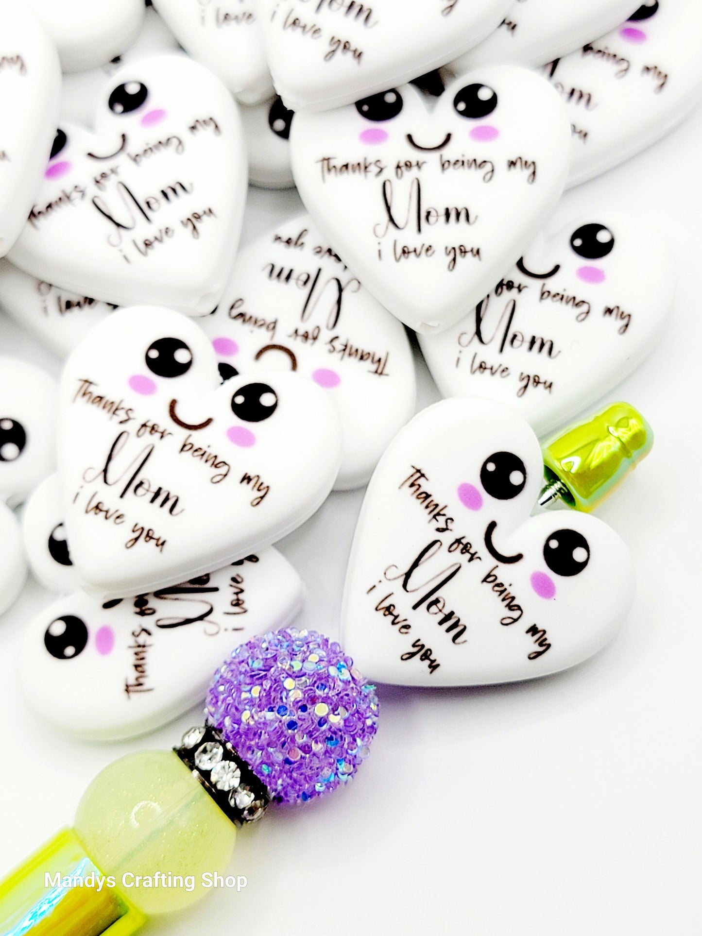Mom Heart Focal Bead – Mother’s Day Printed Silicone Pen & Keychain Bead (Set of 2)