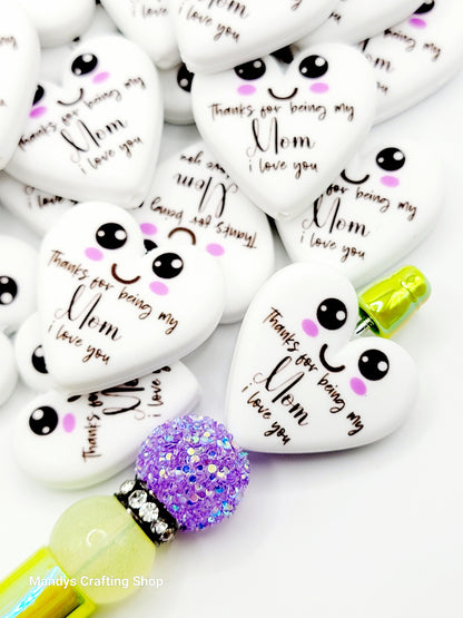 Mom Heart Focal Bead – Mother’s Day Printed Silicone Pen & Keychain Bead (Set of 2)