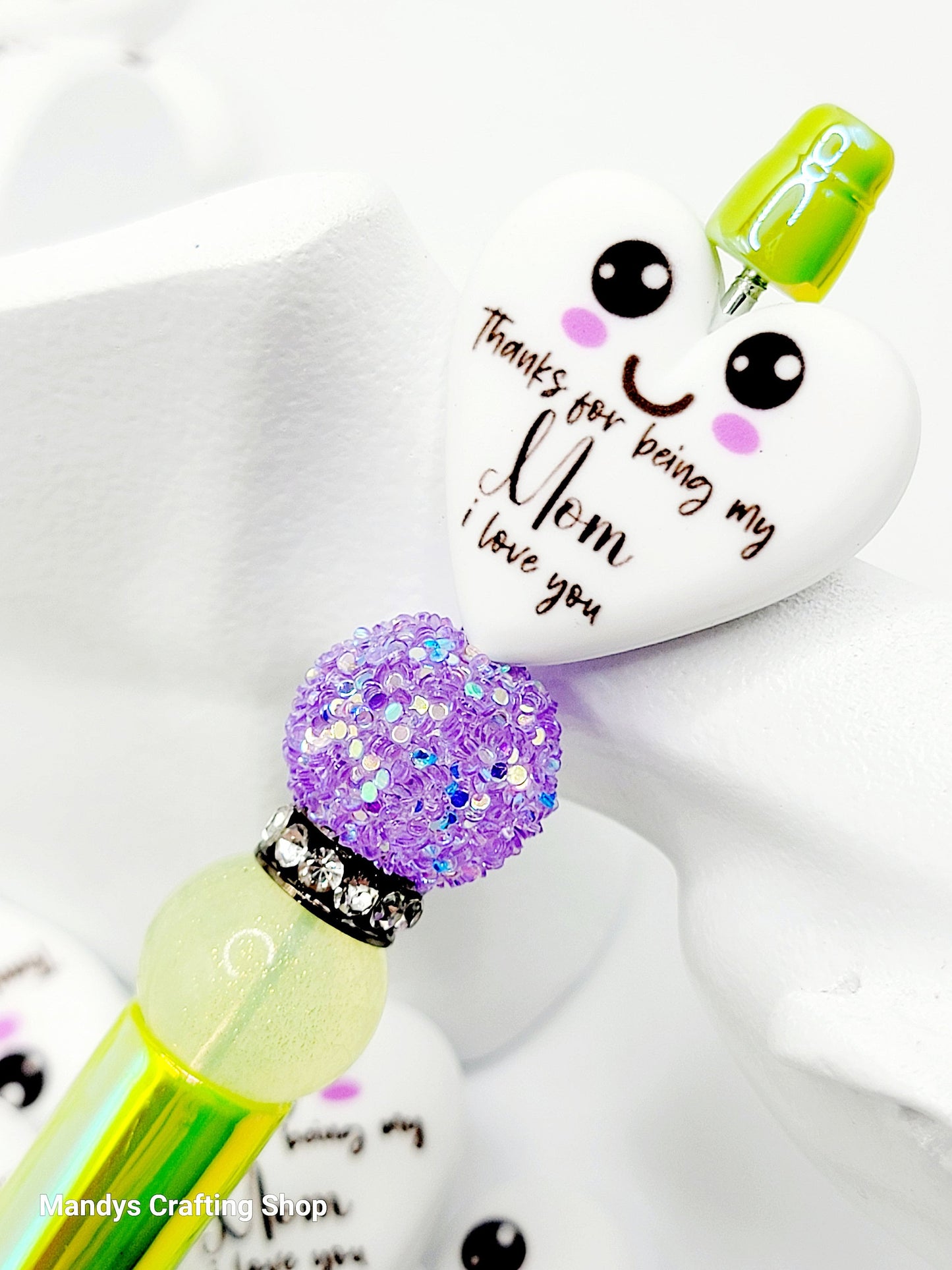 Mom Heart Focal Bead – Mother’s Day Printed Silicone Pen & Keychain Bead (Set of 2)