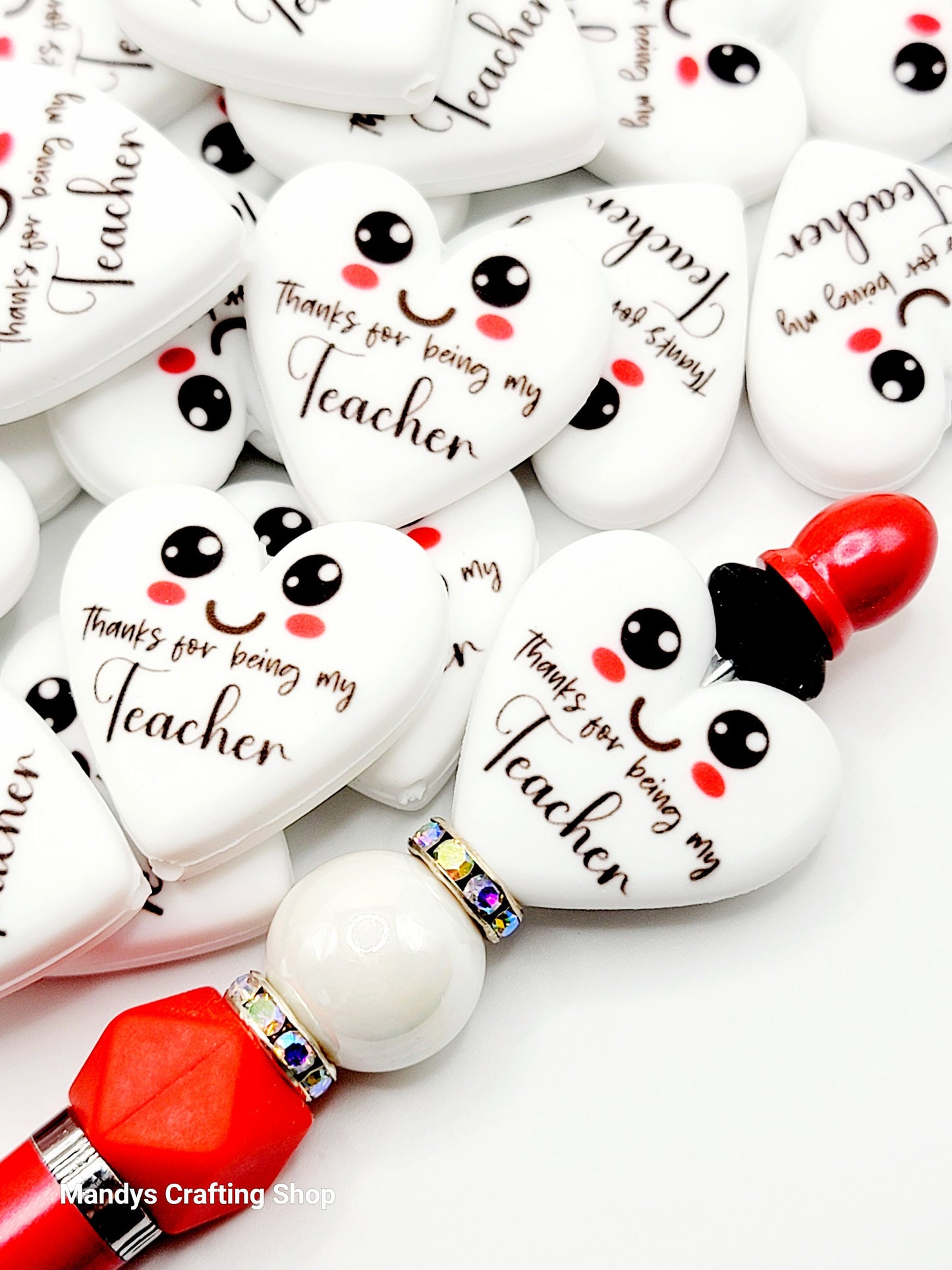 Teacher Heart Focal Bead – “Thanks for Being My Teacher” Printed Silicone Pen & Keychain Bead (Set of 2)