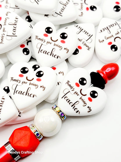 Teacher Heart Focal Bead – “Thanks for Being My Teacher” Printed Silicone Pen & Keychain Bead (Set of 2)