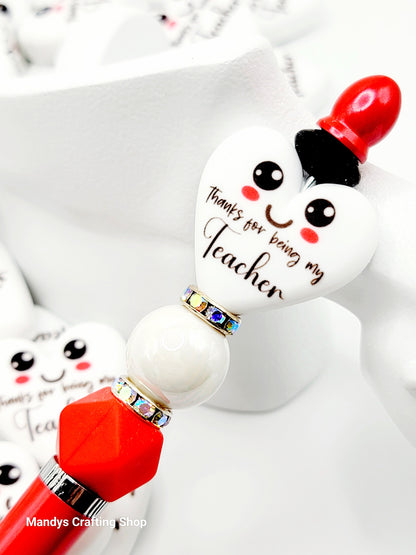 Teacher Heart Focal Bead – “Thanks for Being My Teacher” Printed Silicone Pen & Keychain Bead (Set of 2)