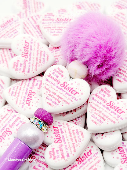 Best Sister Birthday Heart Focal Bead – Funny Printed Silicone Pen Bead (Set of 2)