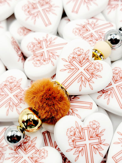 Brown Cross Heart Focal Bead – Religious Printed Silicone Pen & Keychain Bead (Set of 2)
