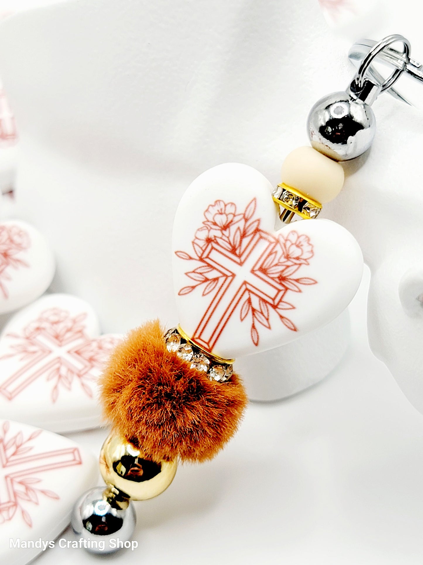 Brown Cross Heart Focal Bead – Religious Printed Silicone Pen & Keychain Bead (Set of 2)