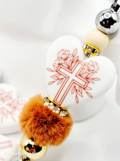 Brown Cross Heart Focal Bead – Religious Printed Silicone Pen & Keychain Bead (Set of 2)