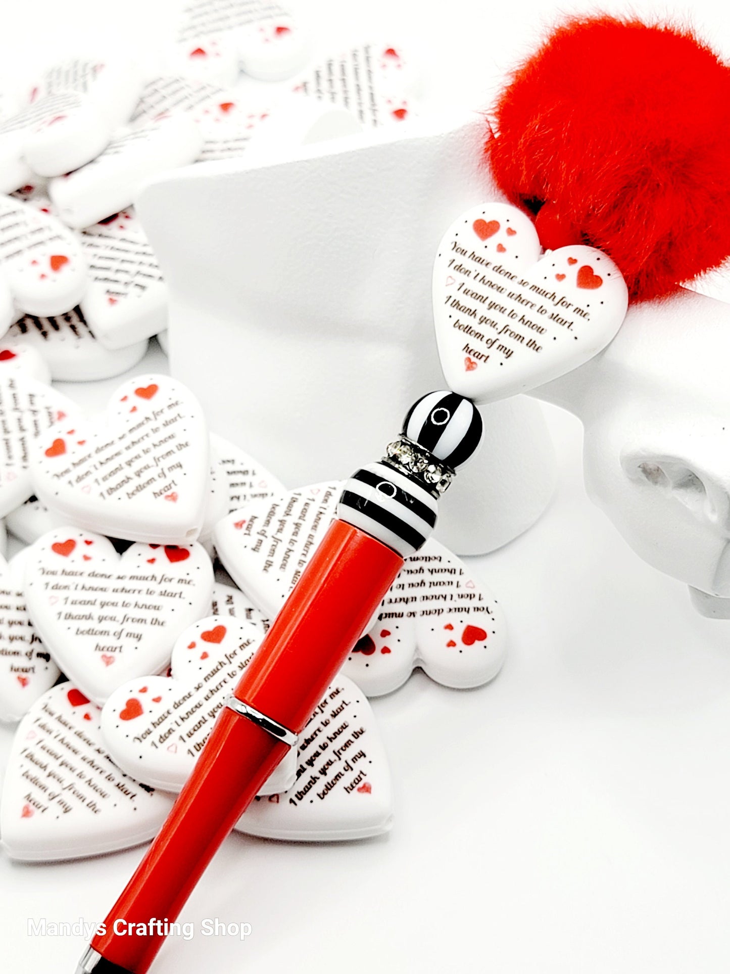 Thank You Heart Focal Bead – Printed Silicone Teacher & Coworker Pen Bead (Set of 2)