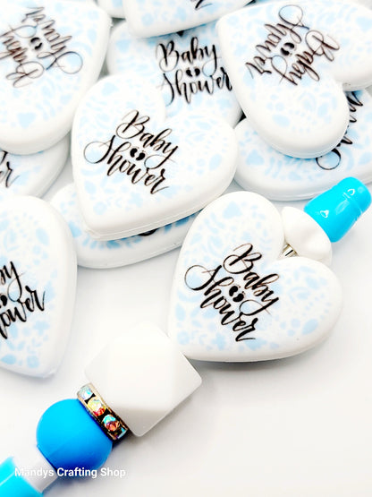 Blue Baby Shower Heart Focal Bead – Baby Boy Printed Silicone Pen & Keychain Bead (Set of 2)