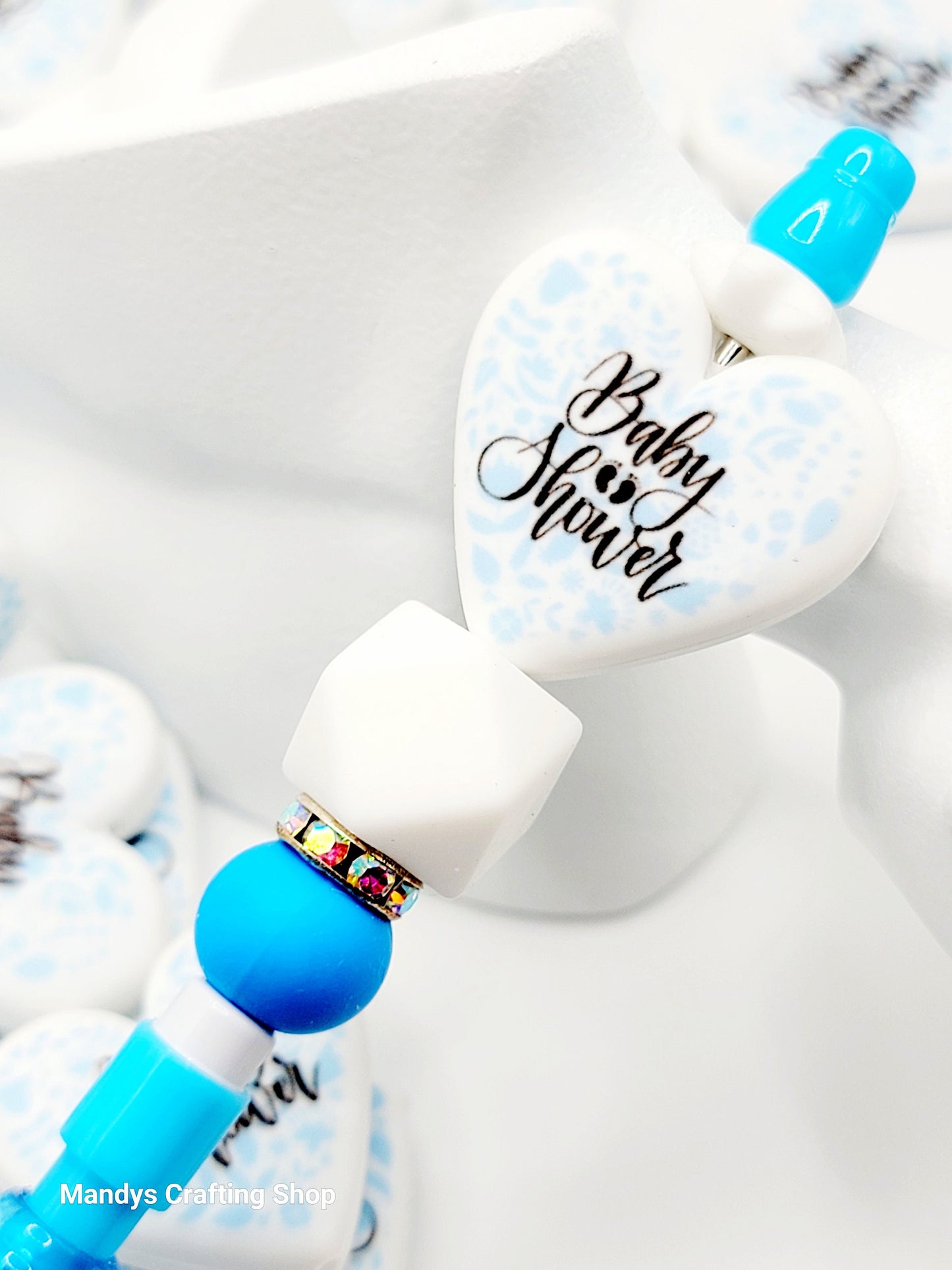 Blue Baby Shower Heart Focal Bead – Baby Boy Printed Silicone Pen & Keychain Bead (Set of 2)