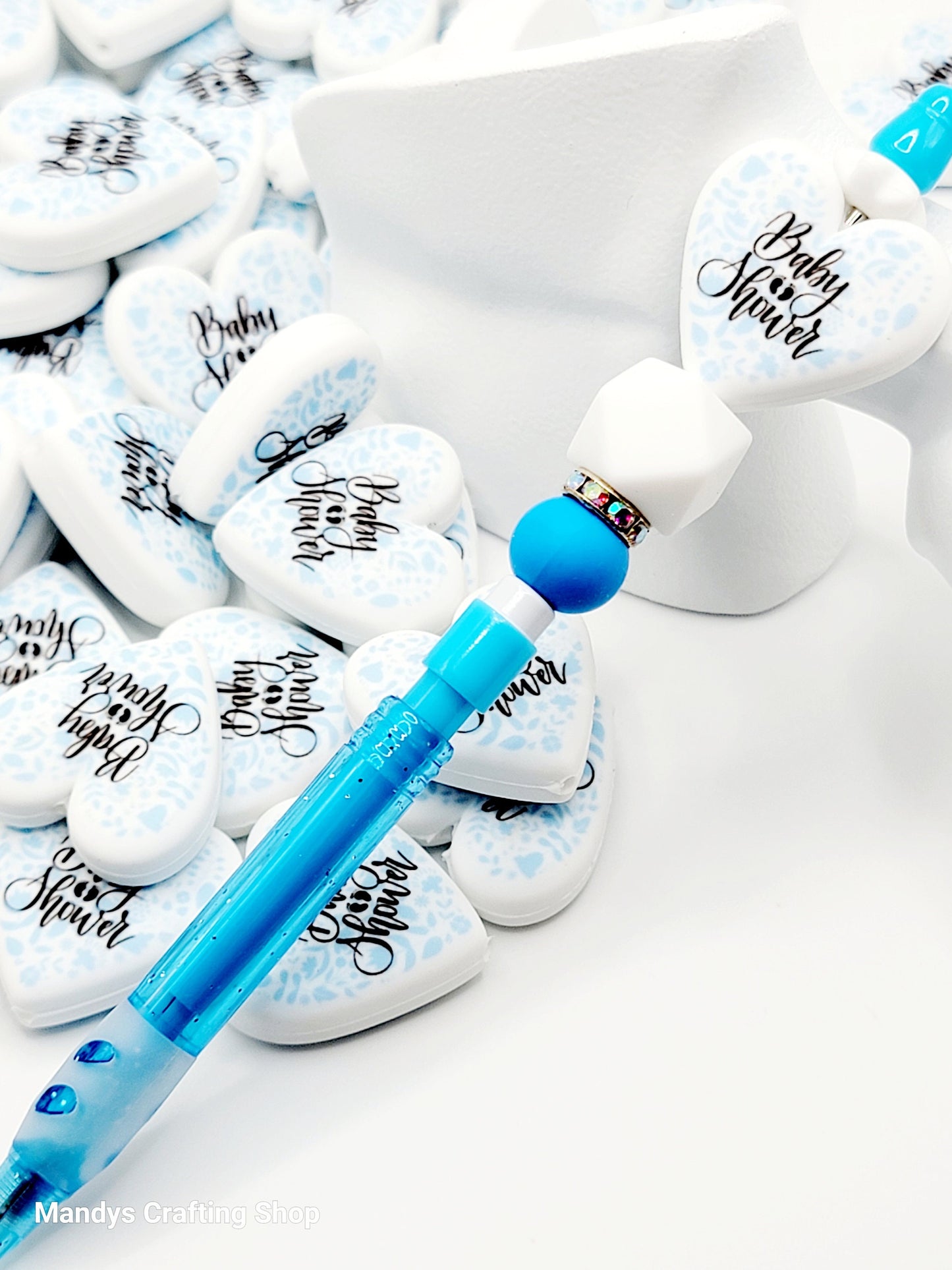 Blue Baby Shower Heart Focal Bead – Baby Boy Printed Silicone Pen & Keychain Bead (Set of 2)