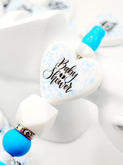 Blue Baby Shower Heart Focal Bead – Baby Boy Printed Silicone Pen & Keychain Bead (Set of 2)