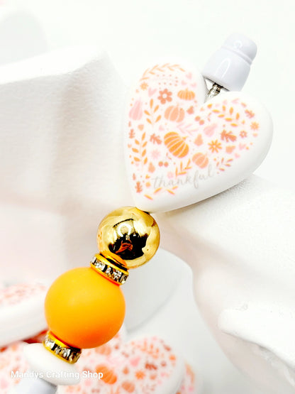 Thanksgiving Heart Focal Bead – Thankful Autumn Printed Silicone Pen & Keychain Bead (Set of 2)