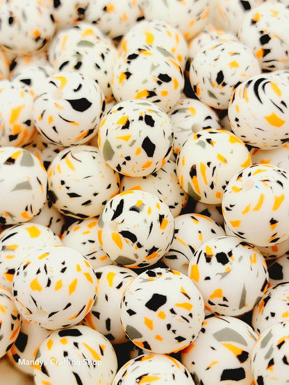15mm Printed Halloween Terrazzo Print Silicone Bead – Round Orange & Black Beads for Pens & Wristlets