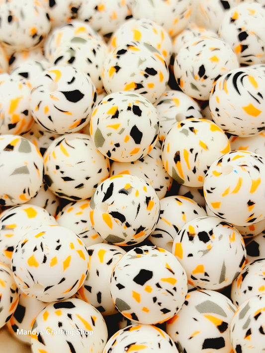 15mm Printed Halloween Terrazzo Print Silicone Bead – Round Orange & Black Beads for Pens & Wristlets