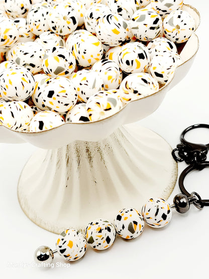 15mm Printed Halloween Terrazzo Print Silicone Bead – Round Orange & Black Beads for Pens & Wristlets