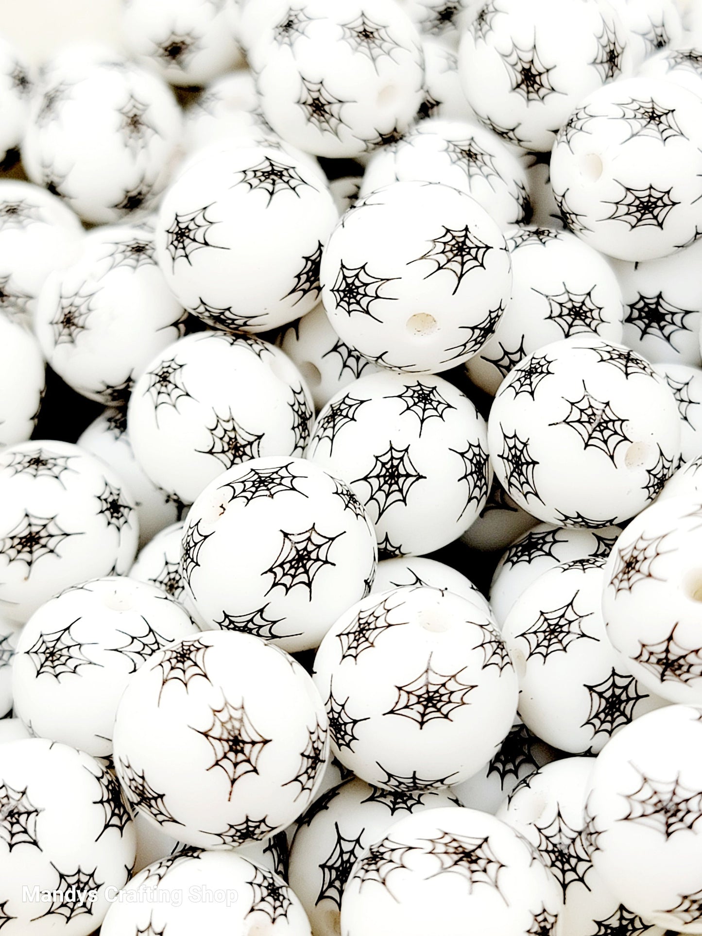 15mm Halloween White With Black Spider Web Silicone Beads – Spooky Round Beads for Pens & Wristlets