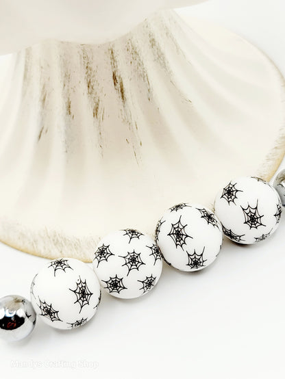 15mm Halloween White With Black Spider Web Silicone Beads – Spooky Round Beads for Pens & Wristlets