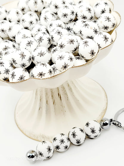 15mm Halloween White With Black Spider Web Silicone Beads – Spooky Round Beads for Pens & Wristlets