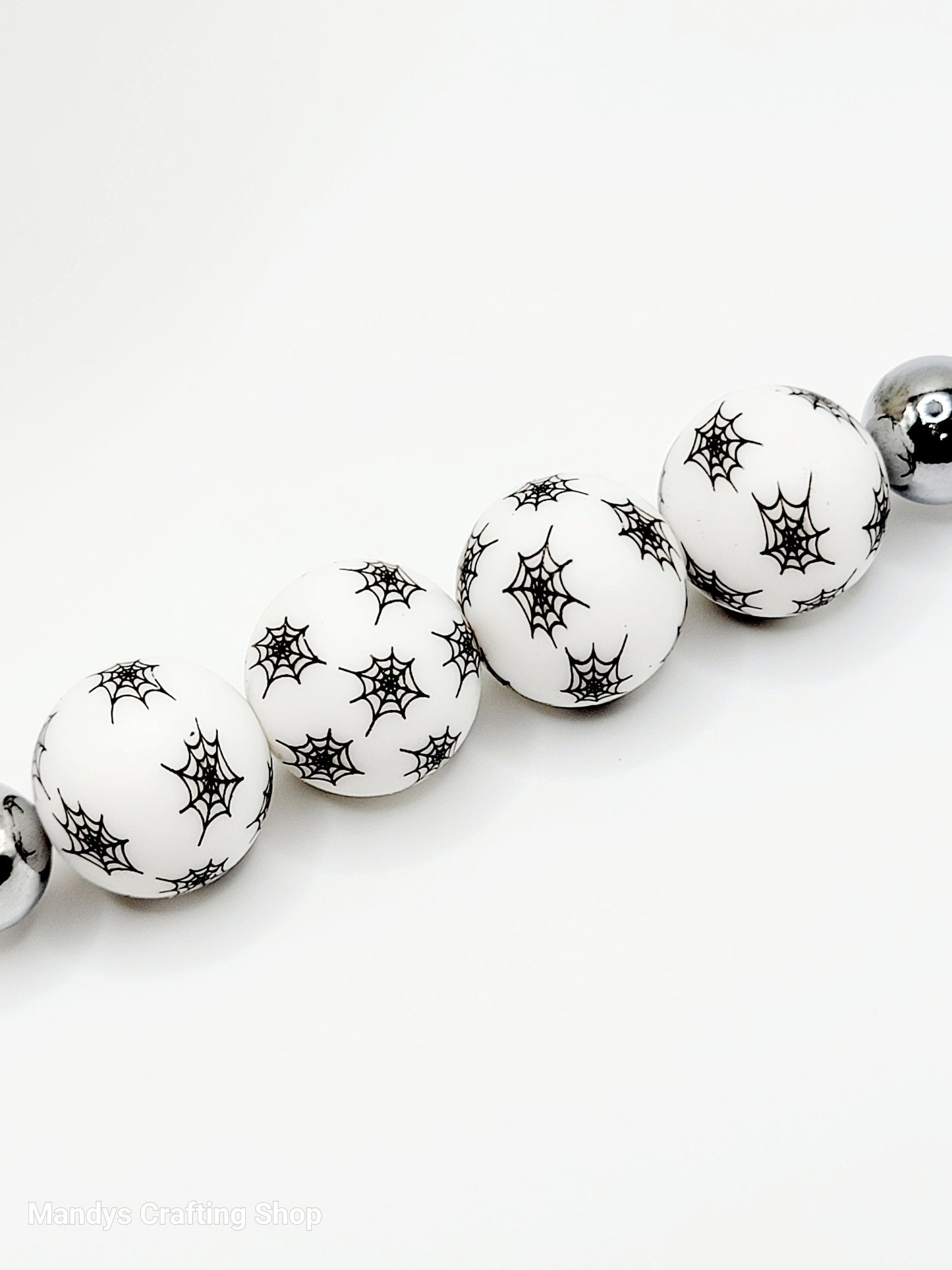 15mm Halloween White With Black Spider Web Silicone Beads – Spooky Round Beads for Pens & Wristlets