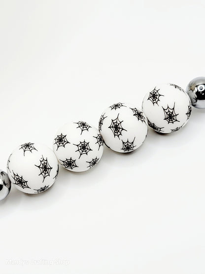15mm Halloween White With Black Spider Web Silicone Beads – Spooky Round Beads for Pens & Wristlets