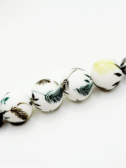 15mm Printed Wild Fern Floral Print Silicone Beads – Brown, Teal & Lime Round Spacer Beads for Pens & Wristlets
