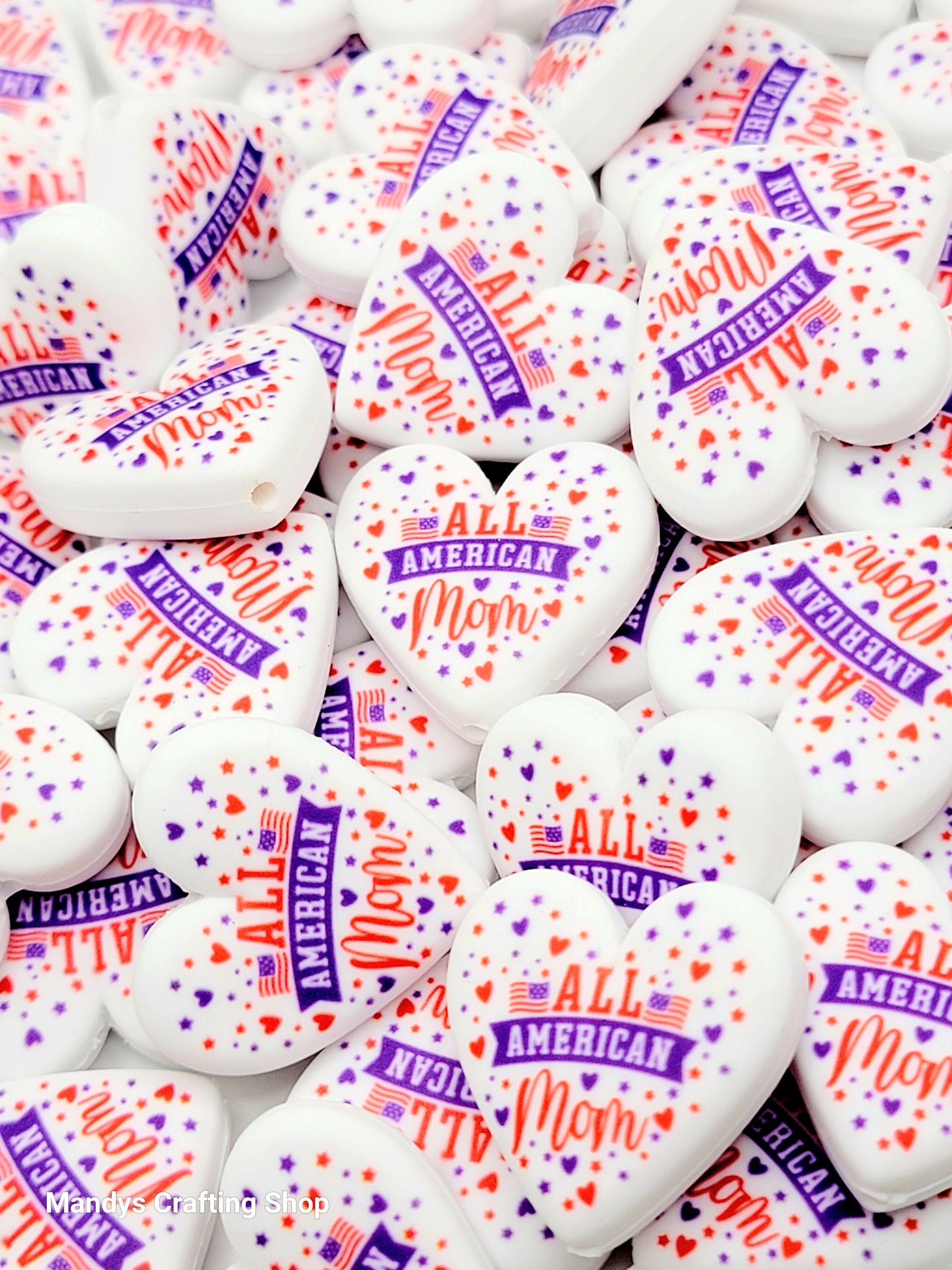 Patriotic American Mom Heart Focal Bead – Printed Silicone Independence Day Pen Bead (Set of 2)