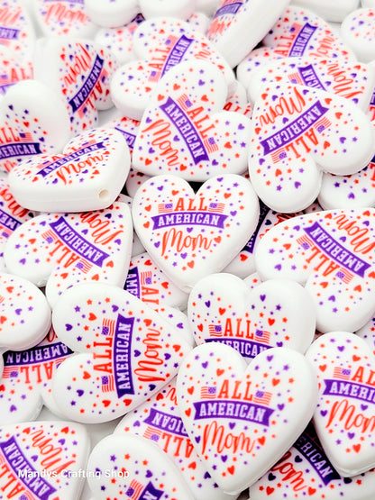 Patriotic American Mom Heart Focal Bead – Printed Silicone Independence Day Pen Bead (Set of 2)
