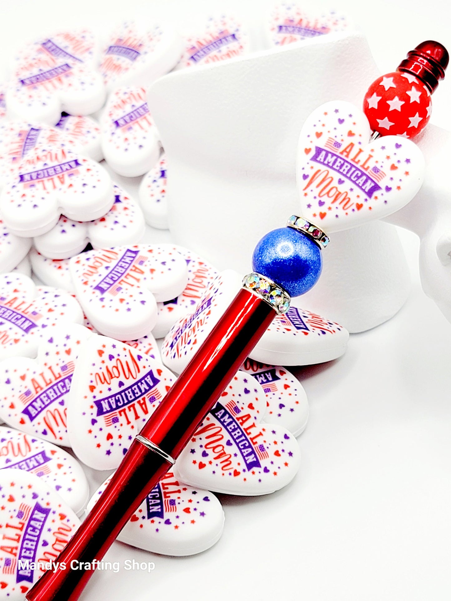 Patriotic American Mom Heart Focal Bead – Printed Silicone Independence Day Pen Bead (Set of 2)
