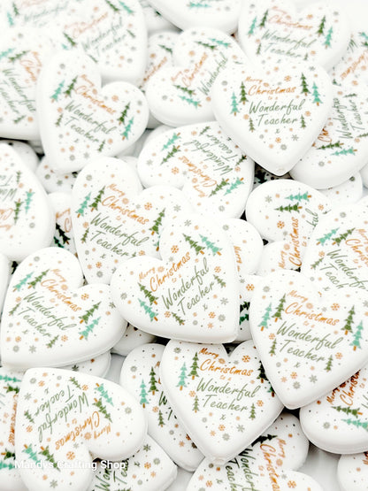 Teacher Christmas Heart Focal Bead – Printed Silicone Holiday Pen & Lanyard Bead (Set of 2)