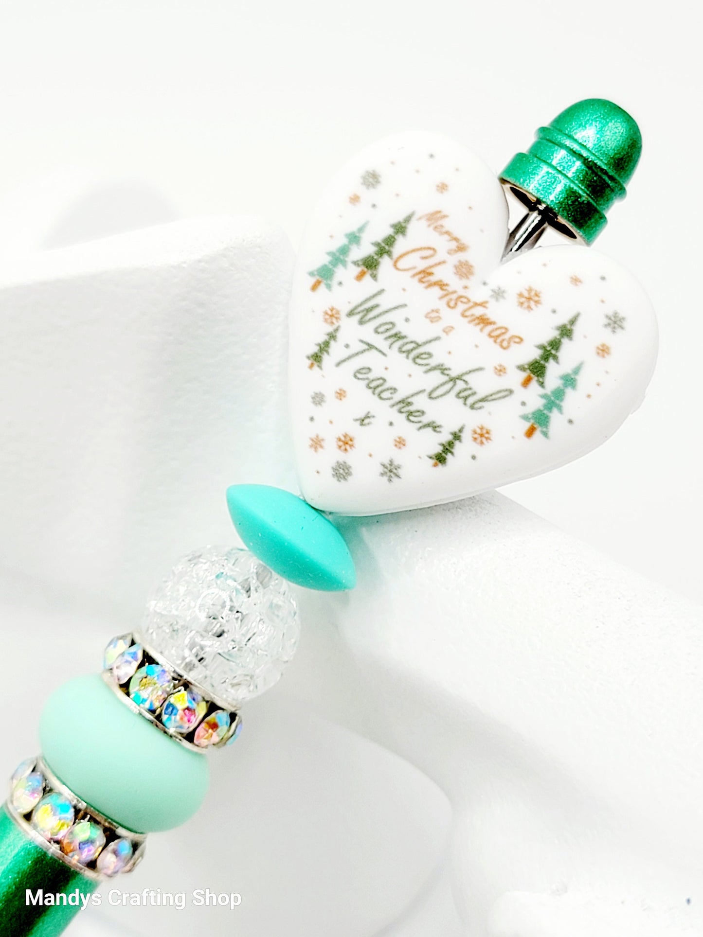 Teacher Christmas Heart Focal Bead – Printed Silicone Holiday Pen & Lanyard Bead (Set of 2)