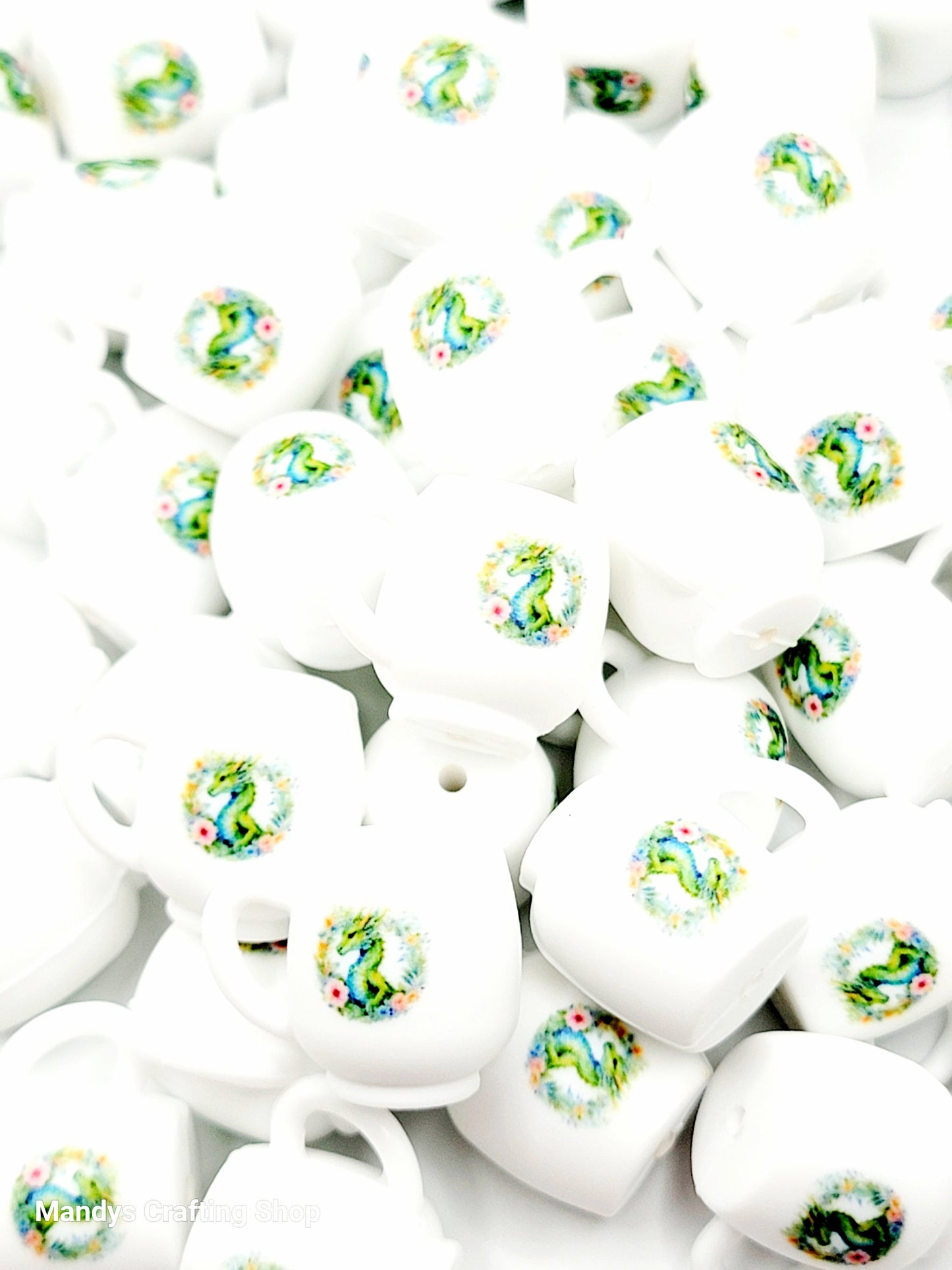 Floral Green Dragon 3D Cup Silicone Focal Bead – 3D Dragon Pen & Keychain Bead (Set of 1, 2 or 5)