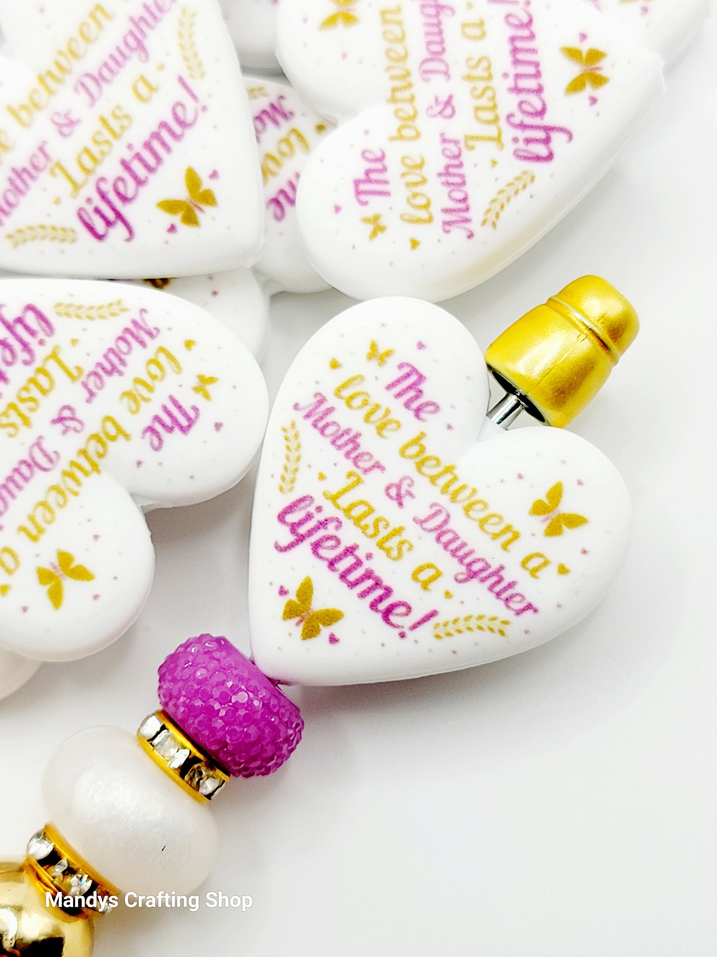 Mother and Daughter Heart Focal Bead – Printed Silicone Family Pen & Keychain Bead (Set of 2)