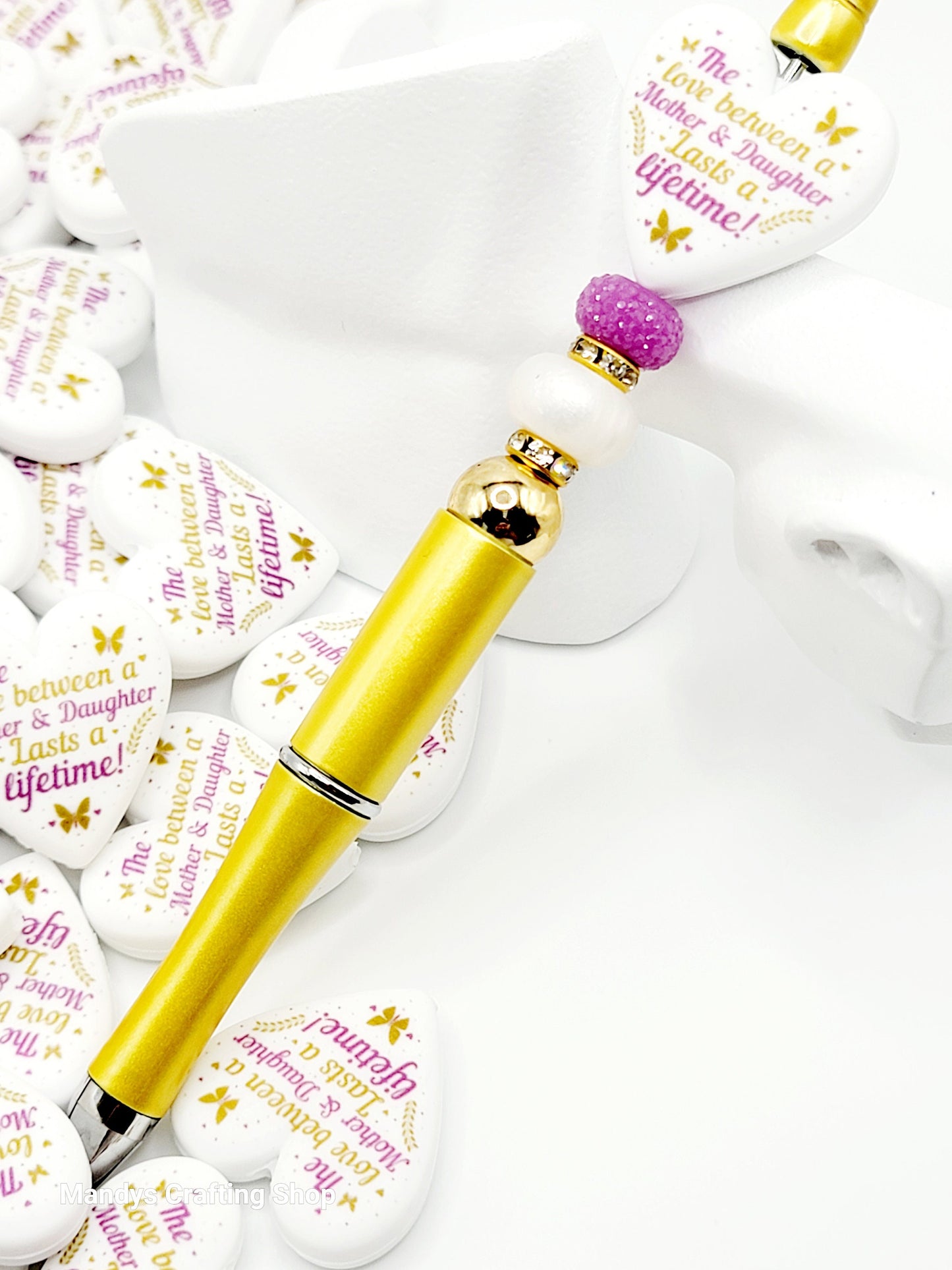 Mother and Daughter Heart Focal Bead – Printed Silicone Family Pen & Keychain Bead (Set of 2)