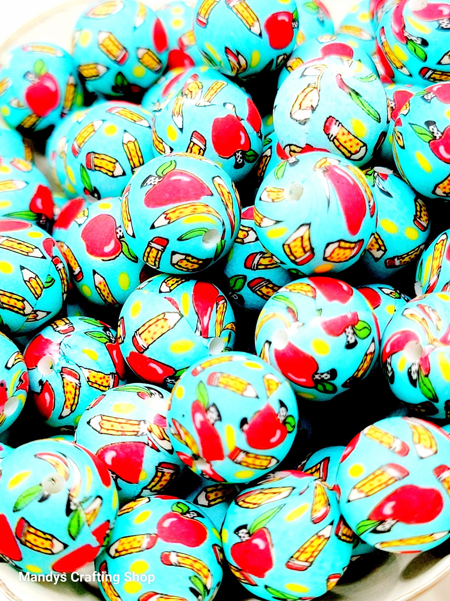 15mm Printed School Apple Silicone Beads – Round Teacher Beads for Pens & Wristlets