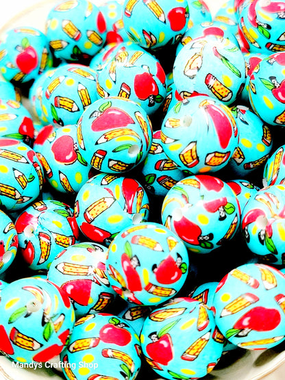 15mm Printed School Apple Silicone Beads – Round Teacher Beads for Pens & Wristlets