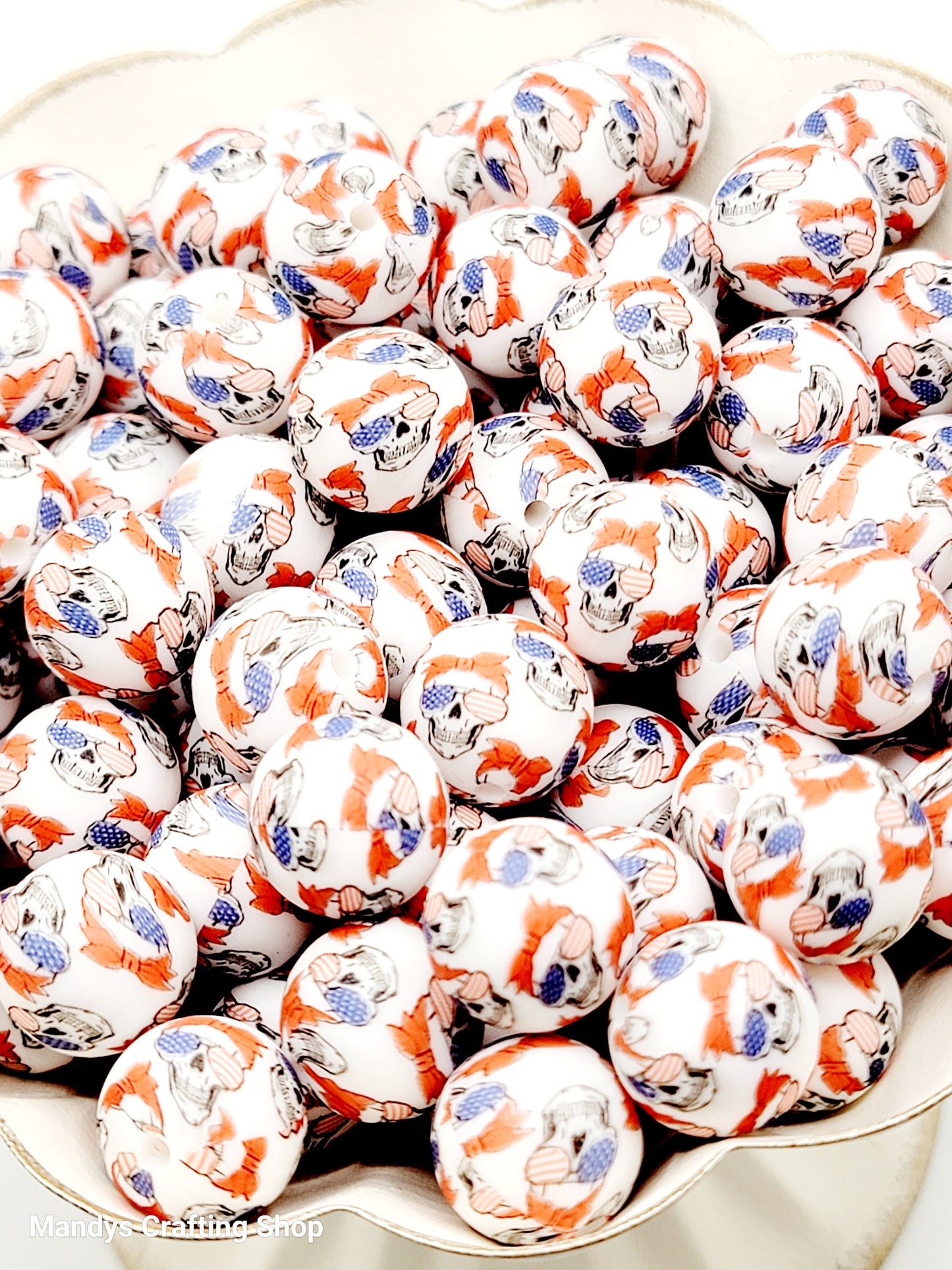 15mm Printed Patriotic Skull Print Silicone Beads – Red White & Blue Round Beads for Pens & Wristlets