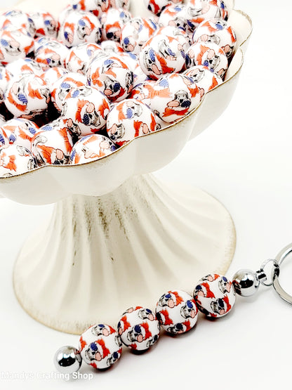 15mm Printed Patriotic Skull Print Silicone Beads – Red White & Blue Round Beads for Pens & Wristlets