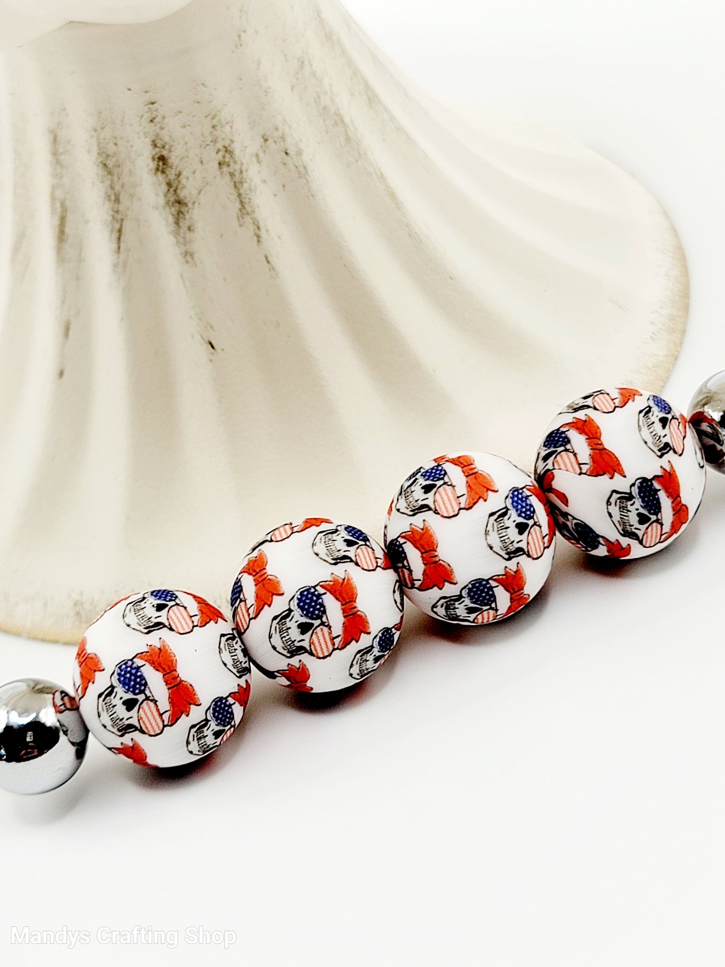15mm Printed Patriotic Skull Print Silicone Beads – Red White & Blue Round Beads for Pens & Wristlets
