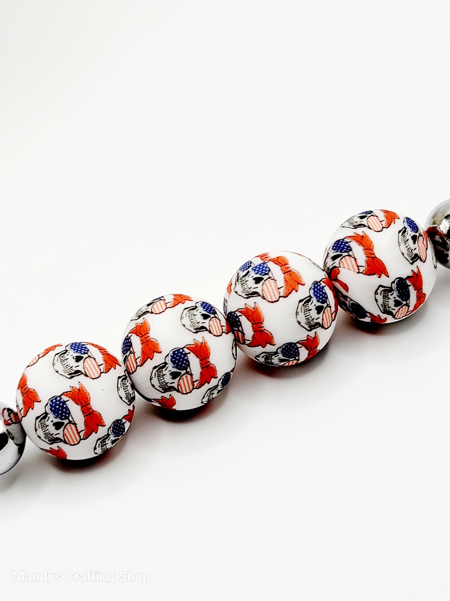 15mm Printed Patriotic Skull Print Silicone Beads – Red White & Blue Round Beads for Pens & Wristlets