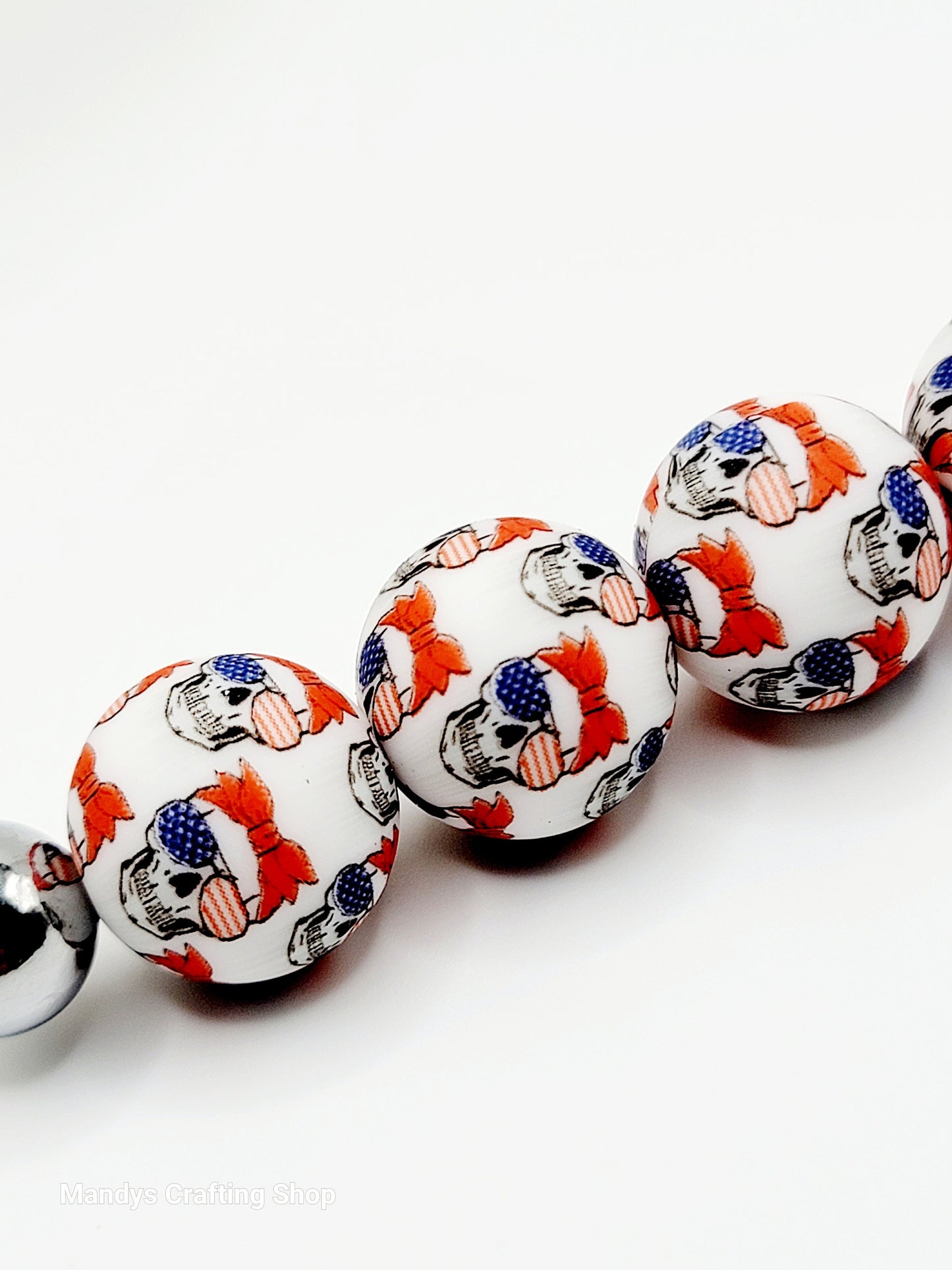 15mm Printed Patriotic Skull Print Silicone Beads – Red White & Blue Round Beads for Pens & Wristlets