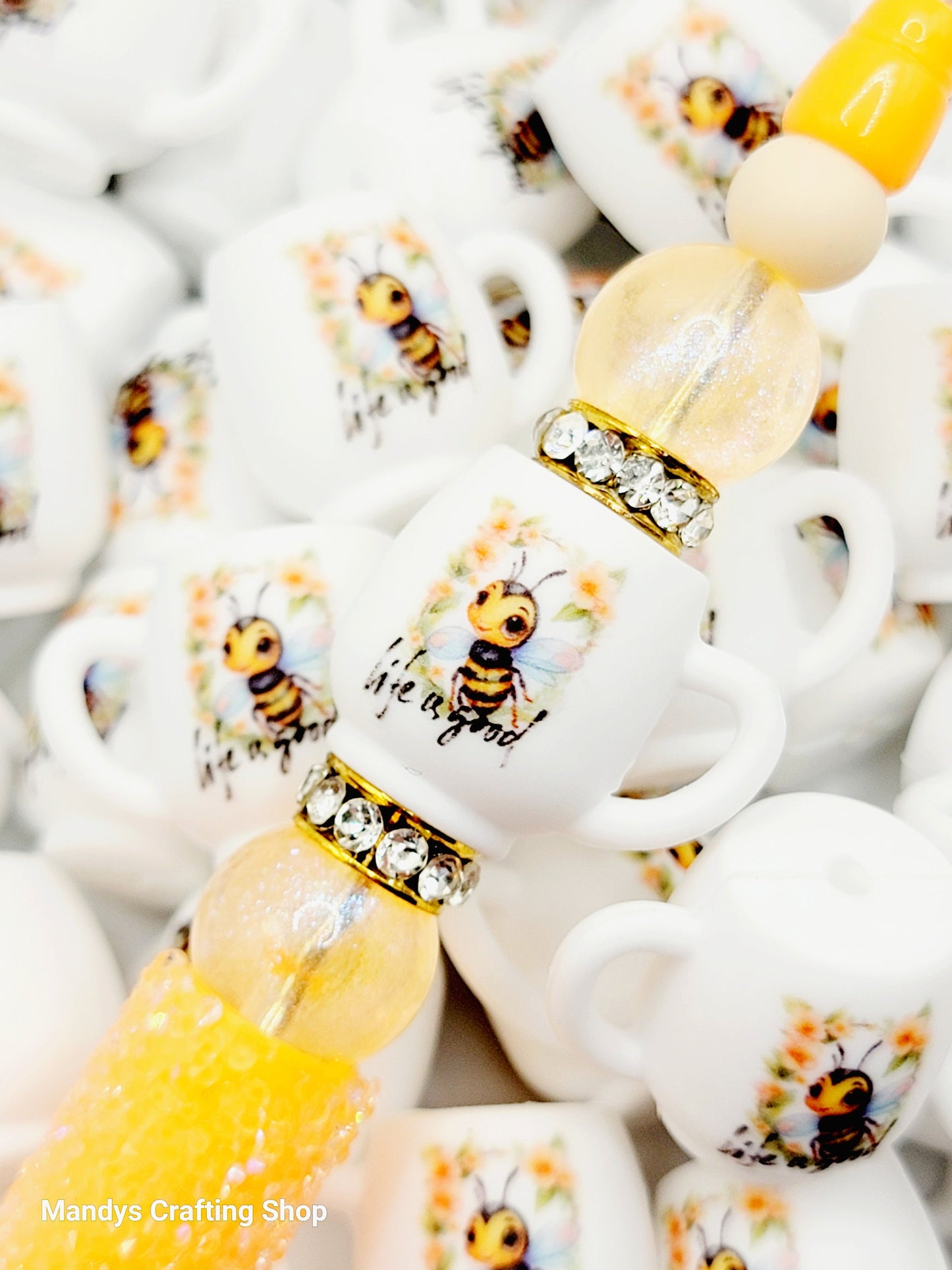 Bumblebee Floral 3D Cup Silicone Focal Bead – Honey Bee Pen & Keychain Bead (Set of 1, 2 or 5)