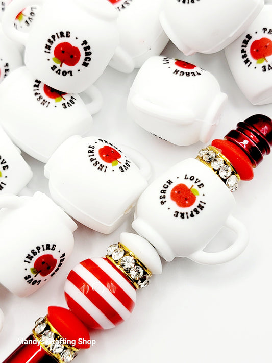 Teach Love Inspire Apple 3D Cup Silicone Focal Bead – Teacher Coffee Cup Pen Bead (Set of 1, 2, or 5)