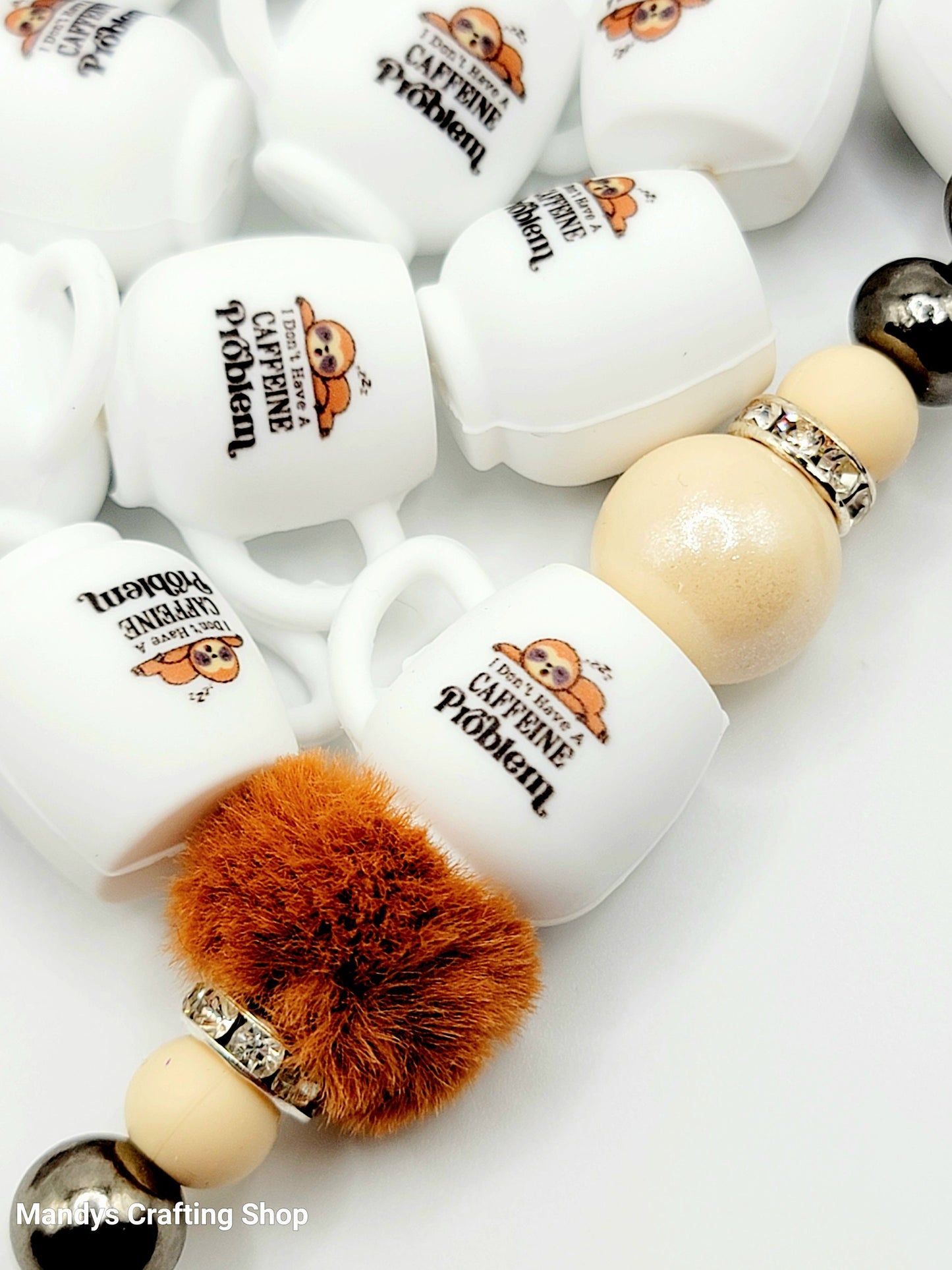 Sleeping Sloth Coffee Cup Silicone Focal Bead – Cute 3D Mug Pen Bead (Set of 1, 2 or 5)
