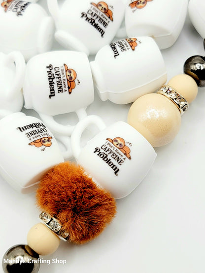 Sleeping Sloth Coffee Cup Silicone Focal Bead – Cute 3D Mug Pen Bead (Set of 1, 2 or 5)