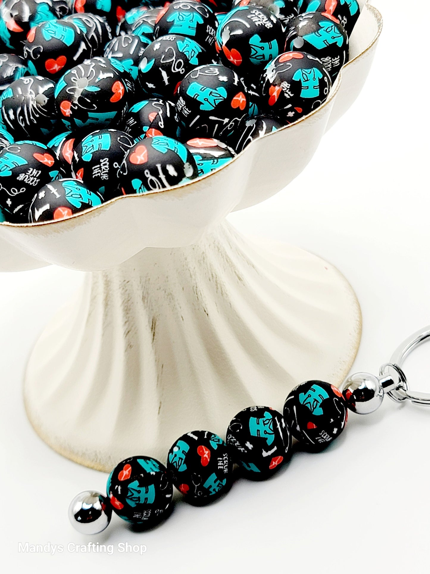 15mm Printed RN Nurse Beads (Black) - Nurse Scrub Medical Theme Silicone Round Spacer Bead for Pens & Wristlets